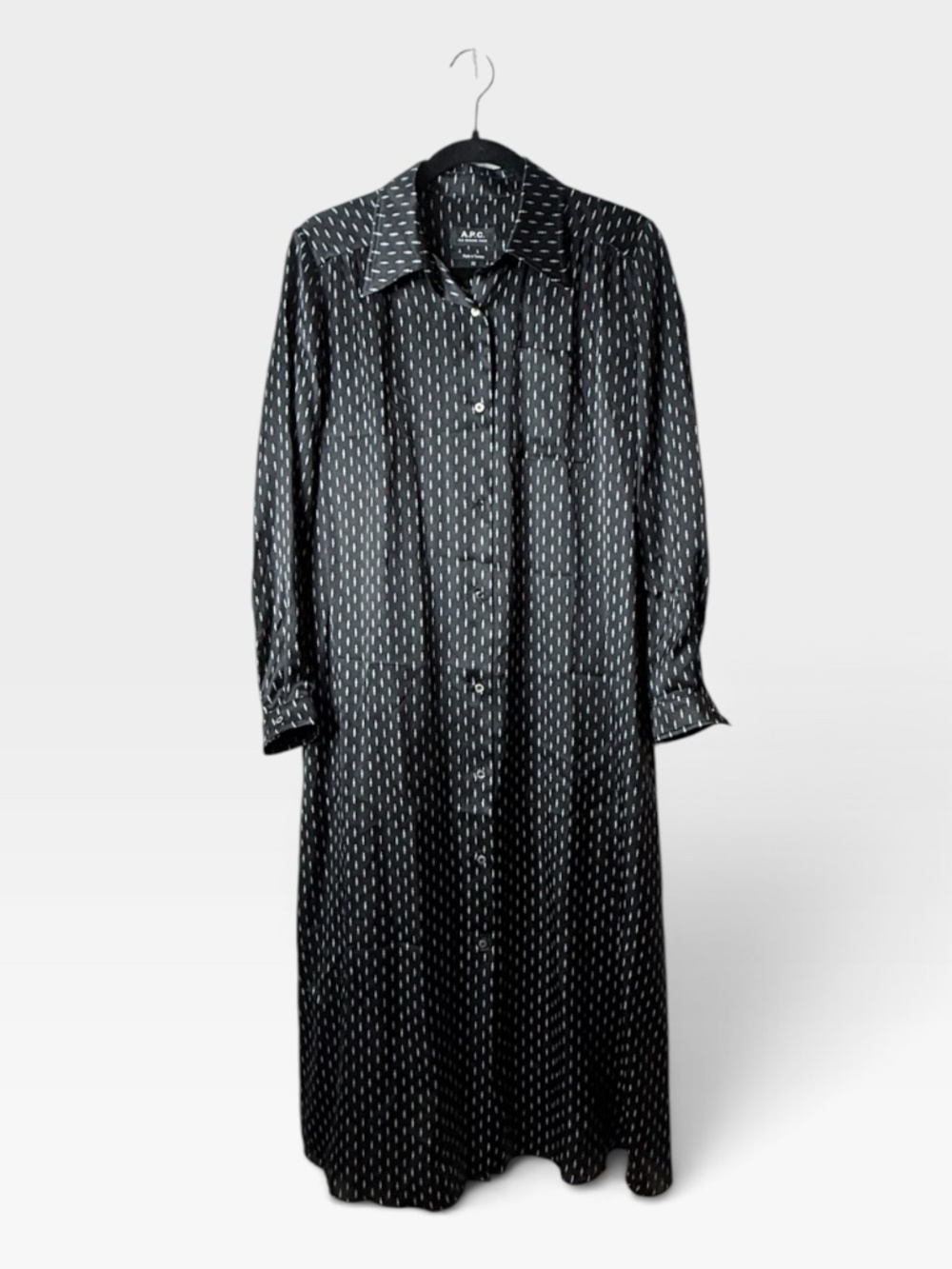 A.P.C. Rue Madam Paris Long Shirt Dress Size 38 Black 100% Silk (U)
